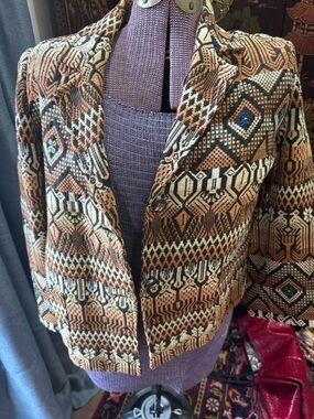 Vintage Woven Patterned Women's Blazer Jacket - Brown & Black